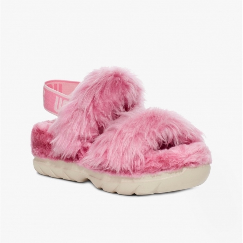 UGG Women's Fluff Sugar Faux Fur Sandal Plush Insole Logo Strap Pink size 6 NEW